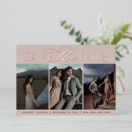 Weichzeichnen | Drei Fotos Save the Date Folieneinladung (Stehend vorne)