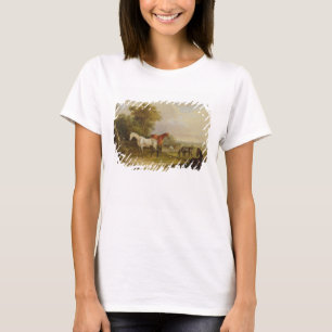 Weiden lassende Pferde: Ein grauer Stallion, der T-Shirt
