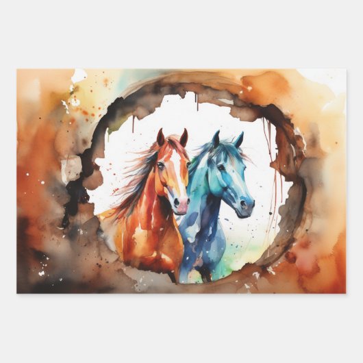 Weiden von Pferden auf der Wasserfarbenwiese Geschenkpapier Set (Vorderseite)