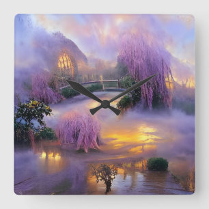 Weidenbäume in Rosa bei Sonnenuntergang am Teich Quadratische Wanduhr