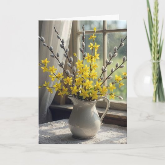 Weidenkätzchen und Forsythienstrauß Karte (Vorderseite)