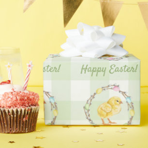 Weidenkranz und Küken Frohe Ostern Grün Gingham Geschenkpapier