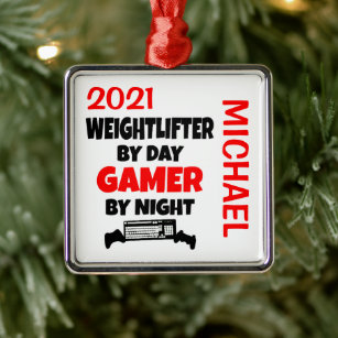 Weightlifter Loves Playing Video Games CUSTOM Ornament Aus Metall