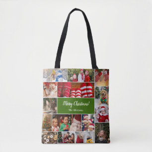 Weihnachten 15 FotoCollage mit Familienname Grün Tasche