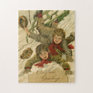 Weihnachten 1906 Jungen Schlittenfahren im Schnee Puzzle