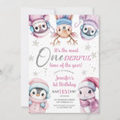 Weihnachten 1. Geburtstag Niedlich Pink Winter Tie Einladung (Vorderseite)