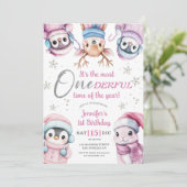 Weihnachten 1. Geburtstag Niedlich Pink Winter Tie Einladung (Stehend Vorderseite)