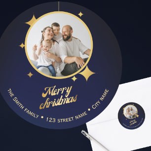 Weihnachten 2024 festliches goldenes Foto-Adresse Runder Aufkleber