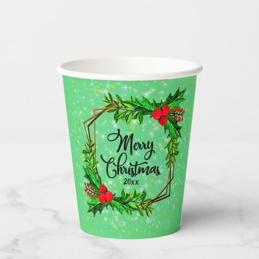 Weihnachten 20xx Holly Red Berries Modern Green Pappbecher (Rückseite)