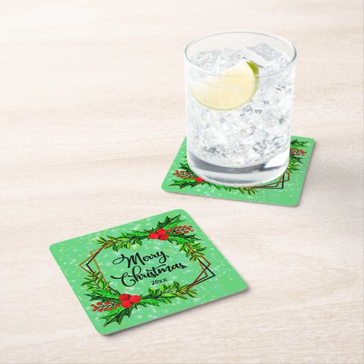 Weihnachten 20xx Holly Red Berries Modern Green Rechteckiger Pappuntersetzer (Vor Ort)