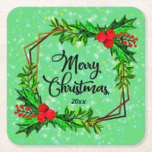 Weihnachten 20xx Holly Red Berries Modern Green Rechteckiger Pappuntersetzer (Vorderseite)