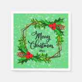 Weihnachten 20xx Holly Red Berries Modern Green Serviette (Vorderseite)