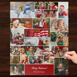 Weihnachten 22 FotoCollage mit Familienname Rot Puzzle