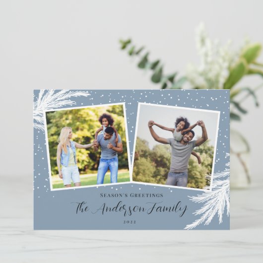 Weihnachten 2 Fotos Script Snow Blue (Stehend Vorderseite)