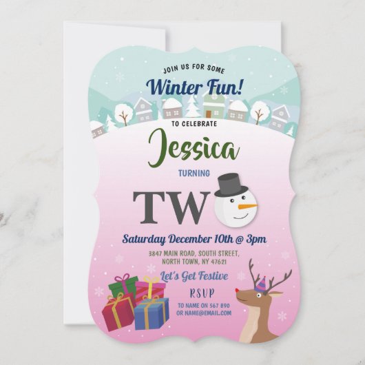 Weihnachten 2. Geburtstag Party Santa Snowman Rosa Einladung (Vorderseite)
