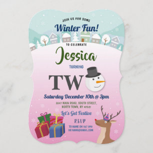 Weihnachten 2. Geburtstag Party Santa Snowman Rosa Einladung