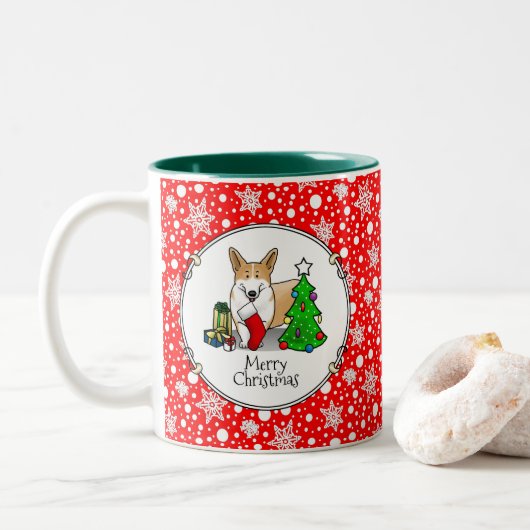Weihnachten 2 Pembroke Welsh Corgi (rot 1) Baum Ni Zweifarbige Tasse (Mit Donut)