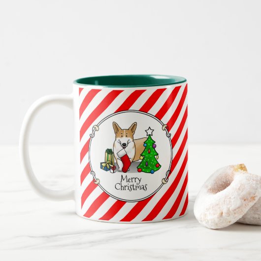 Weihnachten 2 Pembroke Welsh Corgi (rot 1) Baum Ni Zweifarbige Tasse (Mit Donut)