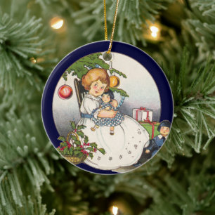 Weihnachten, 2 Viktorianische Kinderbilder Keramik Ornament