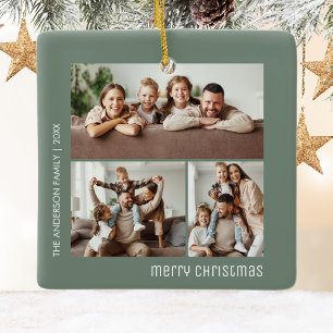 Weihnachten 3 Familienfotos Collage Salbeigrün Keramikornament