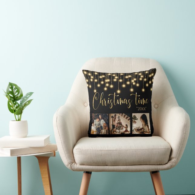 Weihnachten 3 Foto Collage Rustische String-Lichte Kissen (Stuhl )