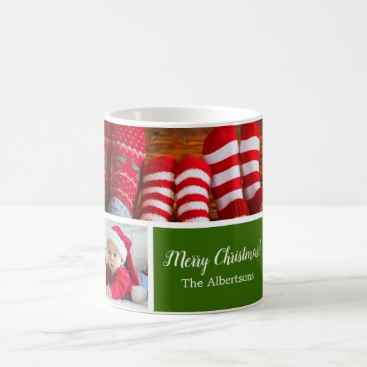 Weihnachten 5 Foto Collage mit Familienname, grün Kaffeetasse (Mittel)