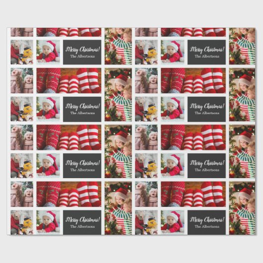 Weihnachten 5 Foto Collage mit Familienname, schwa Geschenkpapier (Flach)