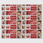 Weihnachten 5 FotoCollage mit Familienname, rot Geschenkpapier (Flach)