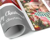 Weihnachten 5 FotoCollage mit Familienname, Silber Geschenkpapier (Rolleneckpunkt)