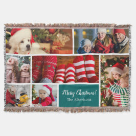 Weihnachten 7 Foto Collage mit Familienname, blau Decke