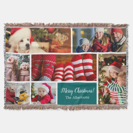 Weihnachten 7 Foto Collage mit Familienname, blau Decke (Vorderseite)