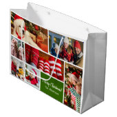 Weihnachten 7 FotoCollage mit Familienname, grün Große Geschenktüte (Vorderseite Schrägansicht)