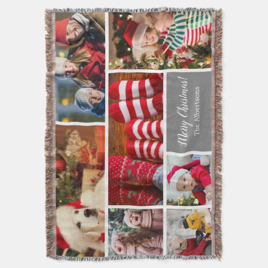 Weihnachten 7 FotoCollage mit Familienname, Silber Decke (Vorderseite Vertikal)