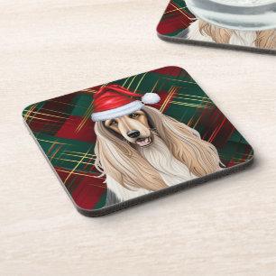 Weihnachten Afghanischer Hund Hund Roter Karierter Getränkeuntersetzer
