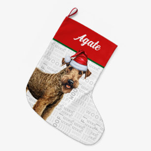 Weihnachten Airedale Terrier Name Woof Hintergrund Großer Weihnachtsstrumpf