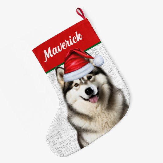 Weihnachten Alaskan Malamute Name Woof Hintergrund Großer Weihnachtsstrumpf (Rückseite (Hängend))