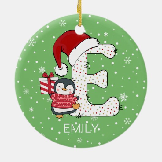 Weihnachten Alphabet E Weihnachtsmannmütze Pinguin Keramik Ornament (Hinten)