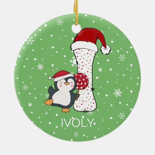 Weihnachten Alphabet I Weihnachtsmannmütze Pinguin Keramik Ornament (Hinten)