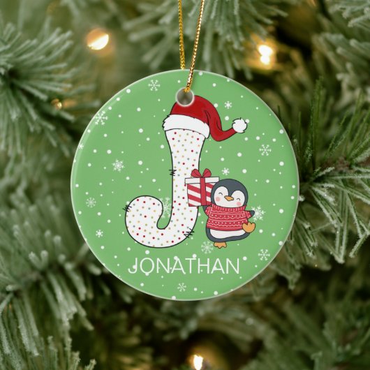 Weihnachten Alphabet J Weihnachtsmannmütze Pinguin Keramik Ornament (Baum)