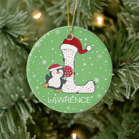 Weihnachten Alphabet L Weihnachtsmannmütze Pinguin Keramik Ornament (Baum)