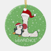 Weihnachten Alphabet L Weihnachtsmannmütze Pinguin Keramik Ornament (Vorne)