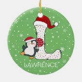 Weihnachten Alphabet L Weihnachtsmannmütze Pinguin Keramik Ornament (Hinten)