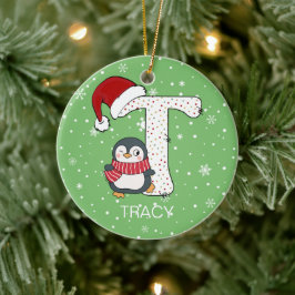 Weihnachten Alphabet T Weihnachtsmannmütze Pinguin Keramik Ornament