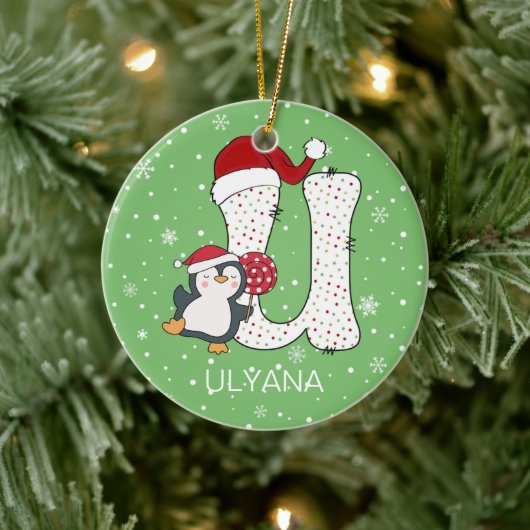 Weihnachten Alphabet U Weihnachtsmannmütze Pinguin Keramik Ornament (Baum)