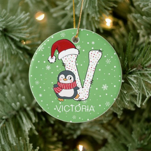 Weihnachten Alphabet / Weihnachtsmannmütze Pinguin Keramik Ornament (Baum)