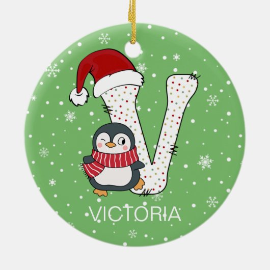 Weihnachten Alphabet / Weihnachtsmannmütze Pinguin Keramik Ornament (Hinten)