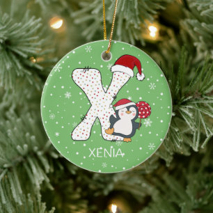 Weihnachten Alphabet X Weihnachtsmannmütze Pinguin Keramik Ornament