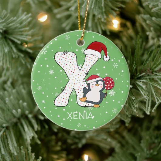 Weihnachten Alphabet X Weihnachtsmannmütze Pinguin Keramik Ornament (Baum)
