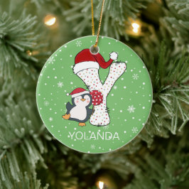 Weihnachten Alphabet Y Weihnachtsmannmütze Pinguin Keramik Ornament