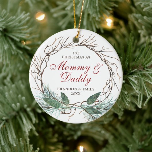 Weihnachten als Mommy Daddy Personalisiert Wreath Keramik Ornament (Baum)